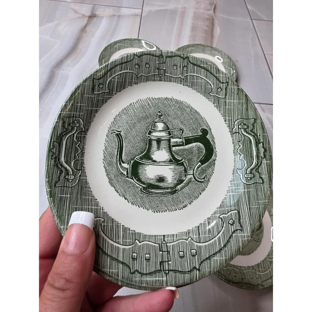Vintage Green Transferware Teapot Bread and Butter‎ Plates Set of 6 6.25 Inch A2